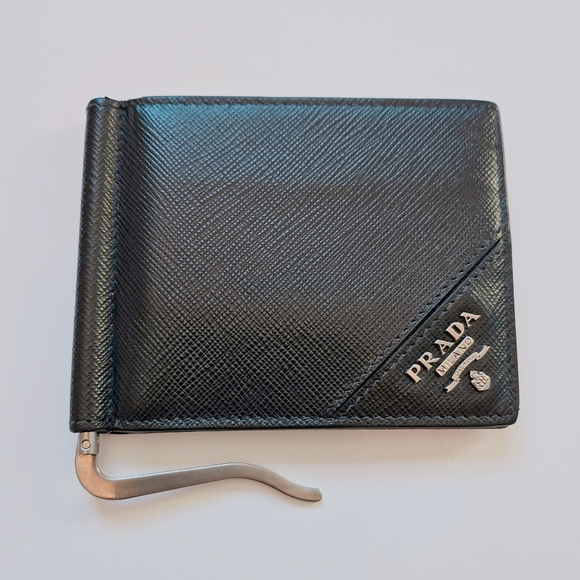 PRADA Black Bifold Credit Card Money Clip Wallet With Logo. - Picture 9 of 11